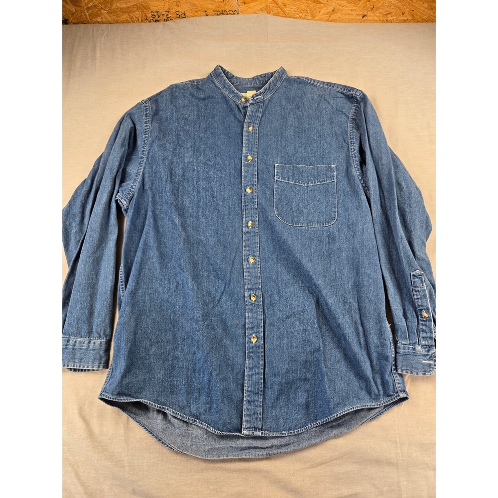 Eddie Bauer Mens Blue Denim Band Collar Button Down Shirt Large Tall L/G